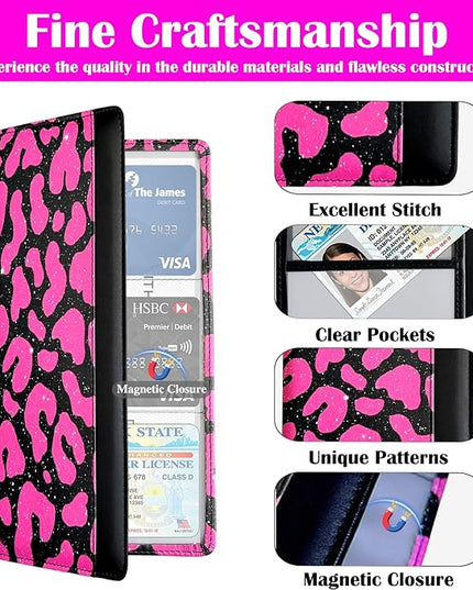 Car Registration and Insurance Holder with Magnetic Closure, Universal Document Organizer for License, Insurance Cards & Glove Box Storage (Leopard-Glitter Hot Pink)