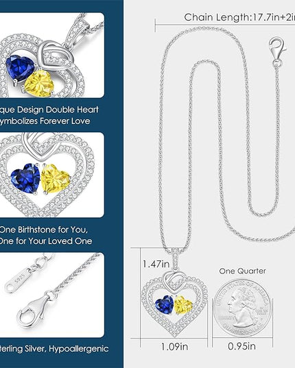 LOUISA SECRET Sparkling Double Heart Birthstone Necklaces for Women, 925 Sterling Silver Fine Jewelry, Pendant Heart Necklaces Birthday Anniversary Christmas Gift for Women Wife Mom Girlfriend Lady