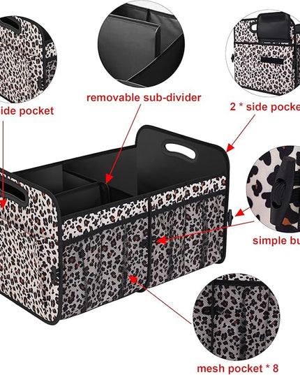 Femuar Car Trunk Organizer, Large Capacity Collapsible Trunk Storage with 11 Pockets, Waterproof, Non-Slip, Suitable for Car, SUV, Truck, Van, Jeep, Sedan, Leopard Print