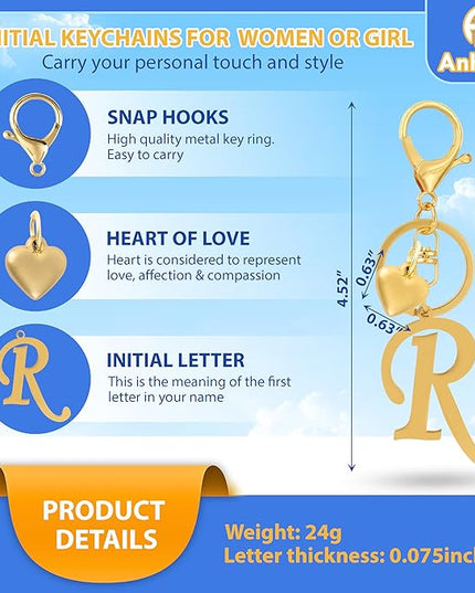 A-Z Heart Initial Letter Keychain, Stainless Steel Alphabet Charm for Handbags, Gift for Women and Girls