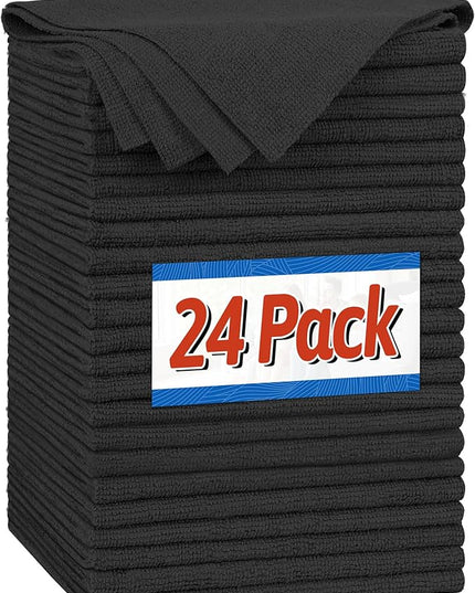 FIXSMITH Microfiber Cleaning Cloth, Shop Towels Bulk, 24 Pack Black Microfiber Towels for Cars, All-Purpose Absorbent Cleaning Rags, Dust Cloth for Automotive, Mechanic, Garage, Bar, 12 x 11 inch