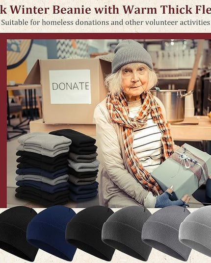 Chicingyou 120 Pcs Bulk Men Knitted Hats with Fleece Lining for Charity Homeless Donations, Unisex Beanies Winter Warm Hats