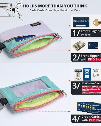 RFID Travel Wallet with Adjustable Lanyard-Zipper Small Wallet with ID Card Holder, Keychain for women&men-Minimalist Slim Waterproof Nylon case for ID, Cash, Key (SoftLilac+MintAqua)