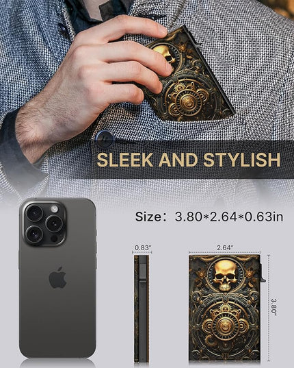 typecase Mens Wallet Card Holder: Pop Up Aluminum Case, Carbon Fiber Leather, Smart, RFID Blocking, Slim, Minimalist, Front Pocket - 9-14 Card Capacity | ID Window | Cash Slot (Skull)