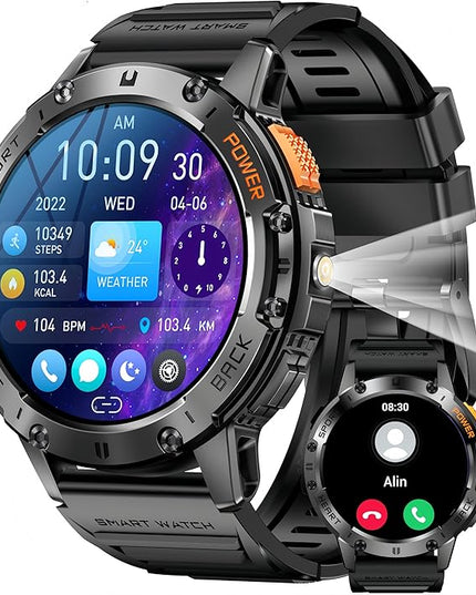 1.43" Amoled Ultra Military Smart Watch for Men(Answer/Dial Calls) 100+Sports Modes,5ATM Waterproof 530mAh Large Battery Super Long Standby with LED Flashlight,Heart Rate,SpO2,BP Android iOS