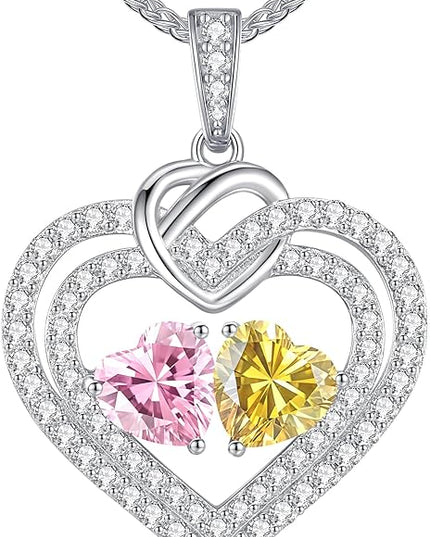 LOUISA SECRET Sparkling Double Heart Birthstone Necklaces for Women, 925 Sterling Silver Fine Jewelry, Pendant Heart Necklaces Birthday Anniversary Christmas Gift for Women Wife Mom Girlfriend Lady