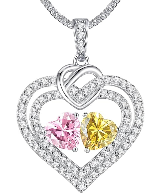LOUISA SECRET Sparkling Double Heart Birthstone Necklaces for Women, 925 Sterling Silver Fine Jewelry, Pendant Heart Necklaces Birthday Anniversary Christmas Gift for Women Wife Mom Girlfriend Lady