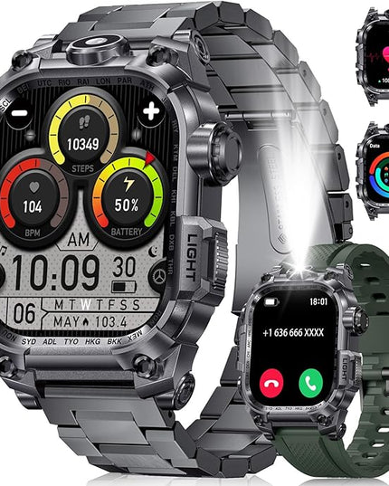 Military Smart Watches for Men(Answer/Make Calls),2.01"HD Screen Sports Smartwatch with LED Flashlight/700mAh Battery,IP68 Waterproof Fitness Tracker for Android iOS,100+Sport Modes,Green Silicone