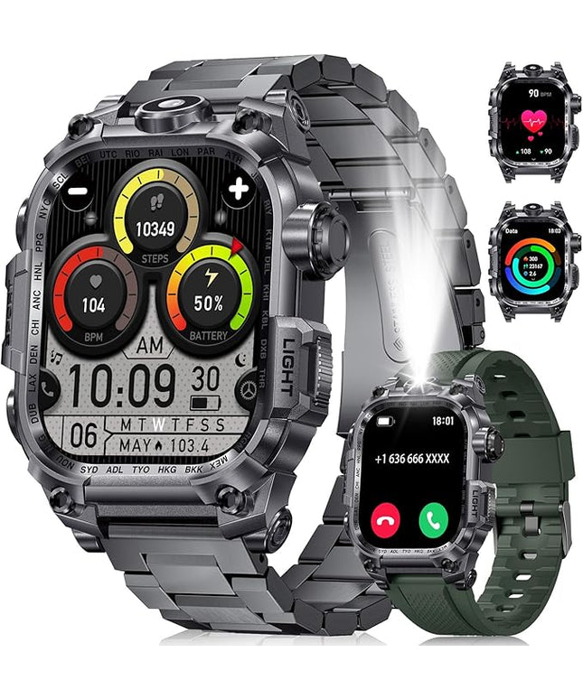 Military Smart Watches for Men(Answer/Make Calls),2.01"HD Screen Sports Smartwatch with LED Flashlight/700mAh Battery,IP68 Waterproof Fitness Tracker for Android iOS,100+Sport Modes,Green Silicone