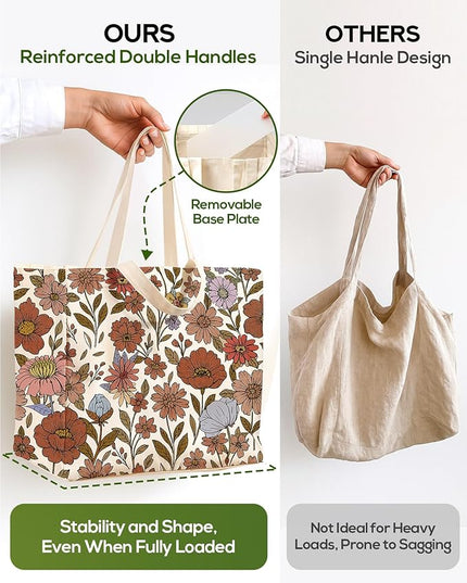 Large Canvas Grocery Tote Bag - Reusable Extra Large Shopping Shoulder Bags with 6 Inner Pockets & 2 Handle Strap