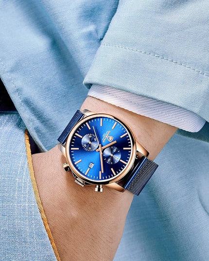 GOLDEN HOUR Mens Watch Fashion Sleek Minimalist Quartz Analog Mesh Stainless Steel Waterproof Chronograph Watches for Men with Auto Date