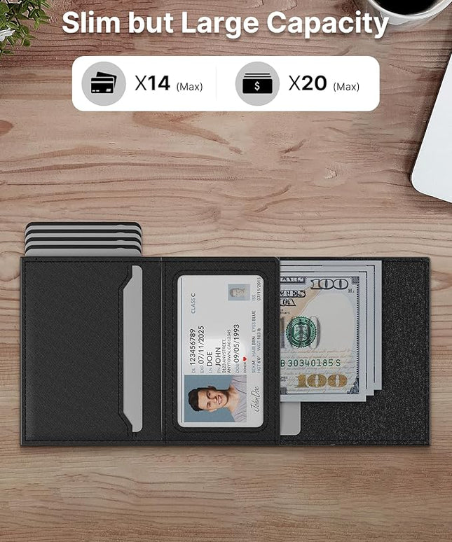 typecase Mens Wallet Card Holder: Pop Up Aluminum Case, Genuine Leather, Smart, RFID Blocking, Slim, Minimalist, Front Pocket - 9-14 Card Capacity | ID Window | Cash Slot (Cross Black)