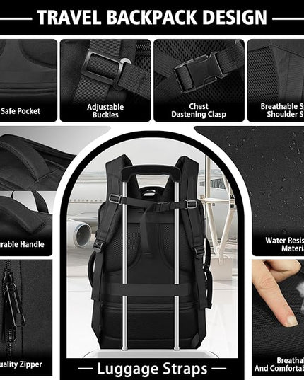 Travel Backpack,Expandable Carry on Backpack 40-50L with USB Cable Port,Fits 17.3 Inch Laptop Notebook,Water Resistant Weekender Travel Laptop Backpack for Men Women Business Trips,Daily Travel,Black
