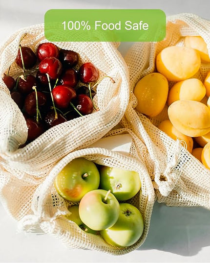Reusable-Cotton-Mesh-Produce-shopping-Bags-Washable Eco Friendly Premium See Through Lightweight Net zero Bulk Bags for Veggie Fruit Vegetable Grocery Storage (9 Packs)