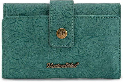 Montana West Women Wallet Small Embossed Floral RFID Wallets for Womens Wallet Card Holder Ladies Female Western Compact Wallets Turquoise with ID Window