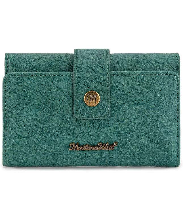 Montana West Women Wallet Small Embossed Floral RFID Wallets for Womens Wallet Card Holder Ladies Female Western Compact Wallets Turquoise with ID Window