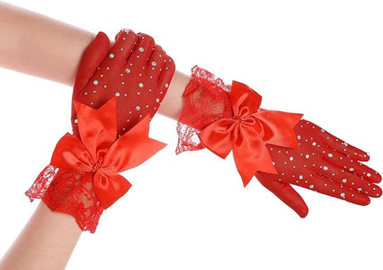 Lace Gloves for Women - Short Bow Rhinestone Tulle Sheer Sparkly Evening Stretchy Gloves for Wedding Opera Party