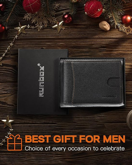 RUNBOX Slim Wallet for Men Genuine Leather RFID Blocking Bifold Minimalist Front Pocket Mens Wallet with Money Clip Thin Gift Box