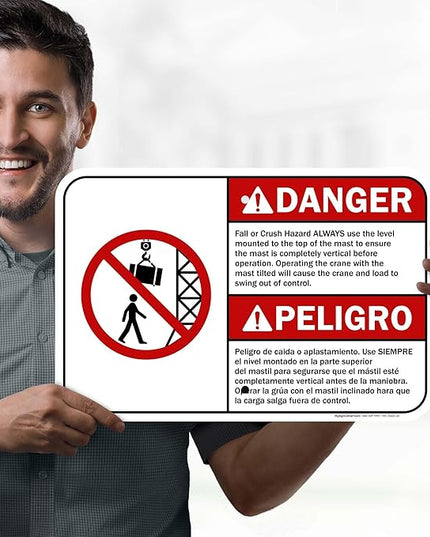 Danger Fall Or Crush Hazard Always Use The Level Mounted Bilingual Sign, 12x18 Inches, Rust Free .063 Aluminum, Fade Resistant, Made in USA by My Sign Center
