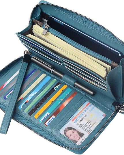 Bveyzi Women RFID Blocking Wallet Leather Zip Around Phone Clutch Large Capacity Ladies Travel Purse Wristlet | RFID Blocking, Zip Around, Large Capacity