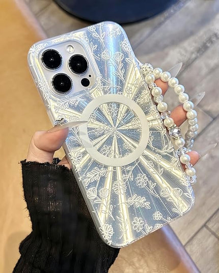 Compatible with iPhone 15 Pro Cases,Cute Flower Phone case with Floral Pearl Chain,Compatible MagSafe Silicone Shockproof Phone case for Women and Teenage Girls.
