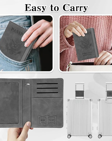 Passport Holder for Travel, RFID Blocking Passport Cover with Pen Holder Leather Passport Wallet Case Travel Must Haves Accessories Passport Book Card Holder for Family Travel Essentials Gifts, Gray