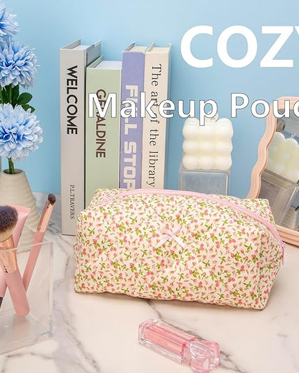 Cozy Makeup Bag Travel Cosmetic Bag for Women Soft Toiletry Bag Aesthetic Makeup Organizer Portable Large Zipper Pouch for Skincare Beauty Accessories Brushes Floral Pink