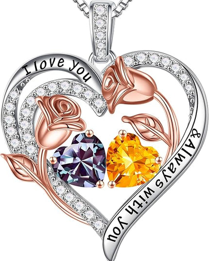 Iefil Christmas Gifts for Women Wife - 925 Sterling Silver Rose Heart Birthstone Necklace Birthday Anniversary Jewelry Gifts for Her Wife Mom Daughter