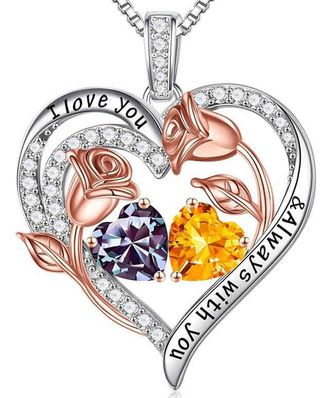 Iefil Christmas Gifts for Women Wife - 925 Sterling Silver Rose Heart Birthstone Necklace Birthday Anniversary Jewelry Gifts for Her Wife Mom Daughter