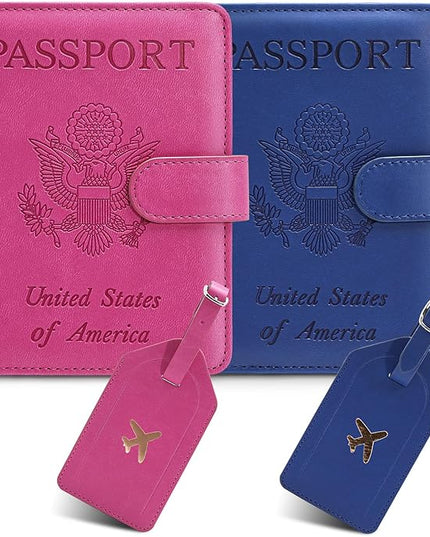 2 Pack Passport Holder For Travel with Luggage Tag Cover – RFID Blocking Passport Wallet Holder for Travel Women/Men | PU Leather Passport Case with Money Pocket, Blue/Pink
