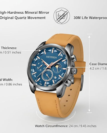 Watches for Men Chronograph Analog Luminous Quartz Watch Blue Black Luxury Genuine Leather Mens Watches Business Sports Waterproof Wristwatch Elegant Gift for Him