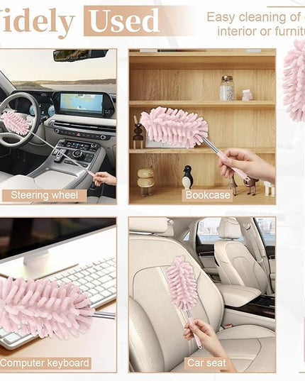 2 PCS Car Interior Duster with Extension Pole, Microfiber Car Duster with Bendable Head, Cars Dusters Exterior&Interior Scratch Free, for Cleaning of Vehicle Details, Offices, Windows(Pink)
