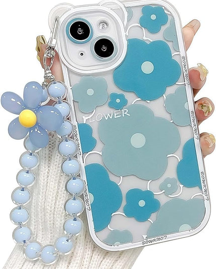 for iPhone 16 Pro Max Case, Cute Clear Blue Floral Bear Camera Lens Case with Lovely Flower Wrist Strap Bracelet Chain for Women Girly,Shockproof Cover-Blue