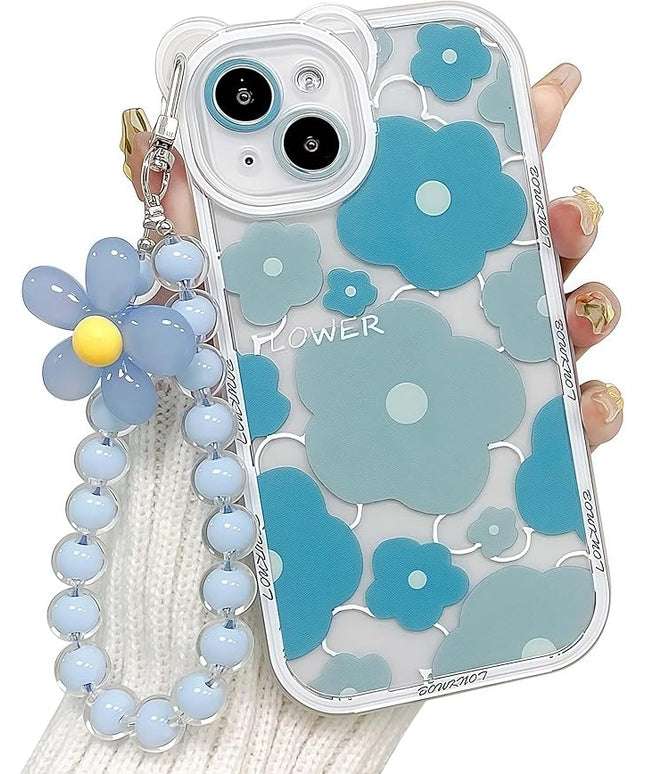 for iPhone 16 Pro Max Case, Cute Clear Blue Floral Bear Camera Lens Case with Lovely Flower Wrist Strap Bracelet Chain for Women Girly,Shockproof Cover-Blue