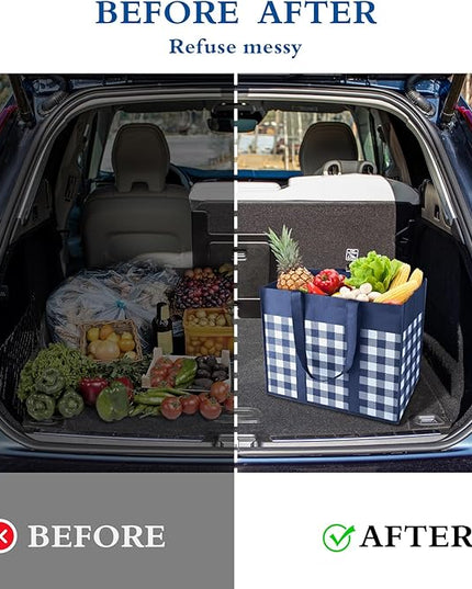 WISELIFE Reusable Grocery Shopping Bags 10 Pack Large Foldable Tote Bags Bulk, Eco Produce Bags with Long Handle for Shopping Groceries Clothes (Plaid B)