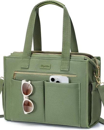 Canvas Tote Bag for Women, 15-Pockets Work Laptop Tote Purse Large Crossbody Nurse Teacher Bible Bag for School Travel Daily | with Strap & Zipper, Multi Compartment, Stand Upright Stably, College Shoulder Bag, Clinical Nursing Bag, Ideal Gift for Women