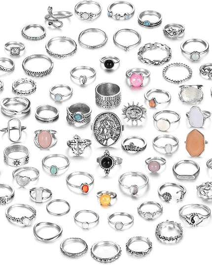 Subiceto 70 Pcs Vintage Crystal Ring Set Knuckle Rings for Women Bohemian Stackable Joint Rings Retro Boho Stacking Joint Finger Rings Pack