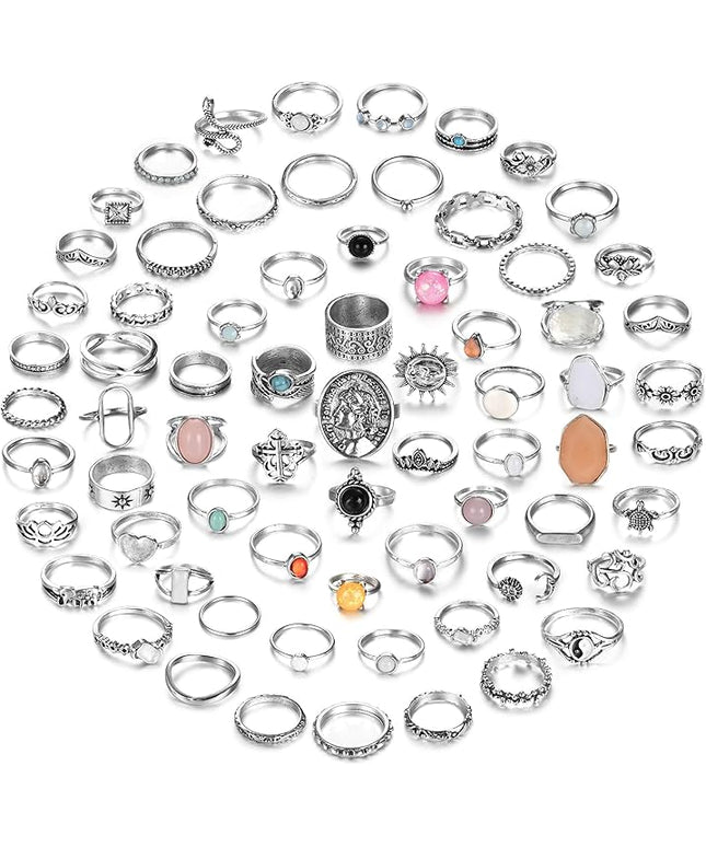 Subiceto 70 Pcs Vintage Crystal Ring Set Knuckle Rings for Women Bohemian Stackable Joint Rings Retro Boho Stacking Joint Finger Rings Pack