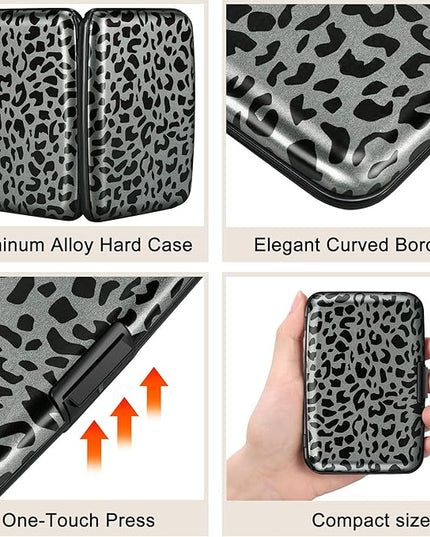 ELFISH Mini RFID Aluminum Wallet Credit Cards Holder Business Card Case Metal ID Case for Men Women(Black Leopard Print)