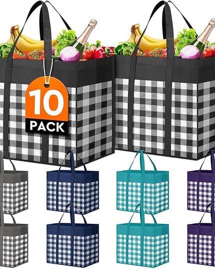 WISELIFE Reusable Grocery Shopping Bags 10 Pack Large Foldable Tote Bags Bulk, Long Handle for Shopping Groceries Clothes (Plaid A)