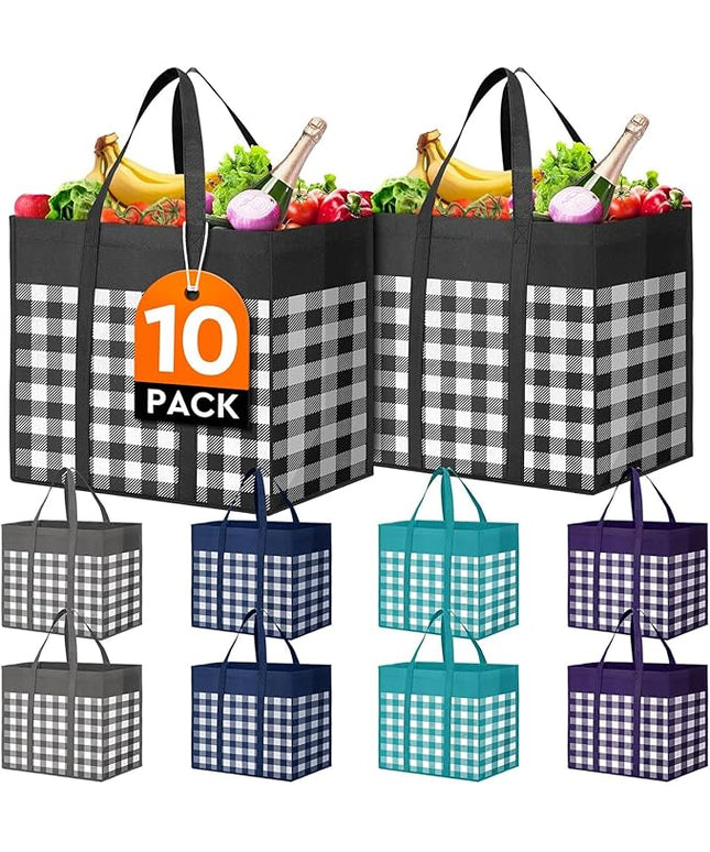 WISELIFE Reusable Grocery Shopping Bags 10 Pack Large Foldable Tote Bags Bulk, Long Handle for Shopping Groceries Clothes (Plaid A)