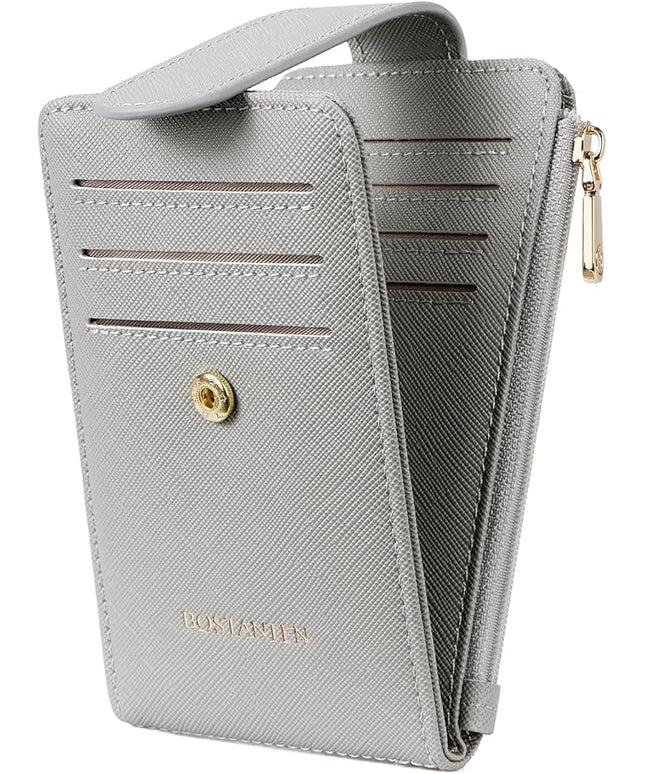 BOSTANTEN Slim Wallet Women RFID Blocking Card Holder Leather Bifold Wallet with Zipper Pocket Grey