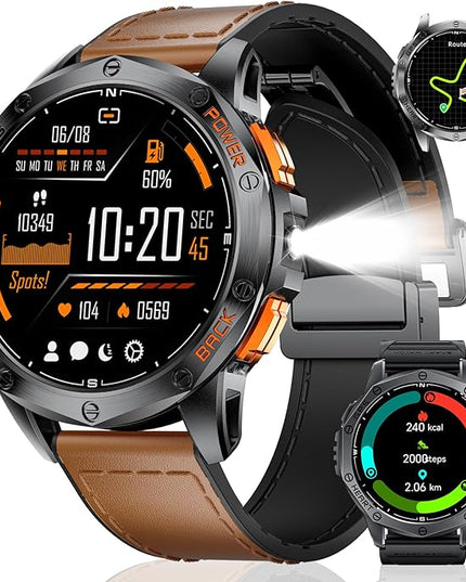 LIGE GPS Smart Watches for Men, Bluetooth Call, LED Flashlight, Compass, 1.43" AMOLED Fitness Watch with Heart Rate/Sleep Monitor, 100+ Sports Modes, iOS Android Compatible, Military Outdoor, Brown