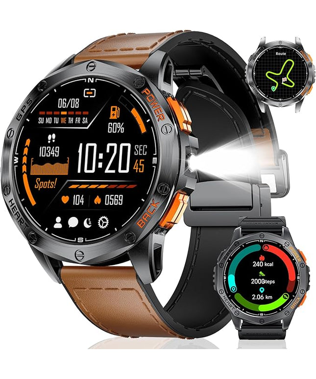 LIGE GPS Smart Watches for Men, Bluetooth Call, LED Flashlight, Compass, 1.43" AMOLED Fitness Watch with Heart Rate/Sleep Monitor, 100+ Sports Modes, iOS Android Compatible, Military Outdoor, Brown