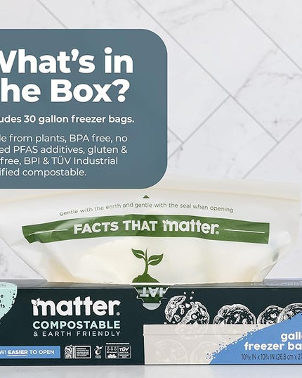 Matter Compostable Gallon Freezer Bags for Food Storage, Eco-Friendly, Resealable, Food Storage Bags, 30 Count