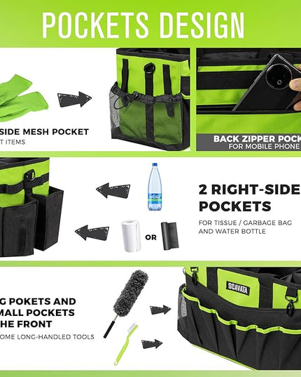 Wearable Cleaning Caddy Bag, Cleaning Caddy Supplies Organizer with Handle & Shoulder Straps for Housekeepers, Under Sink & Car Cleaning Tool Organizers with 4 Foldable Divider (NeonGreen)