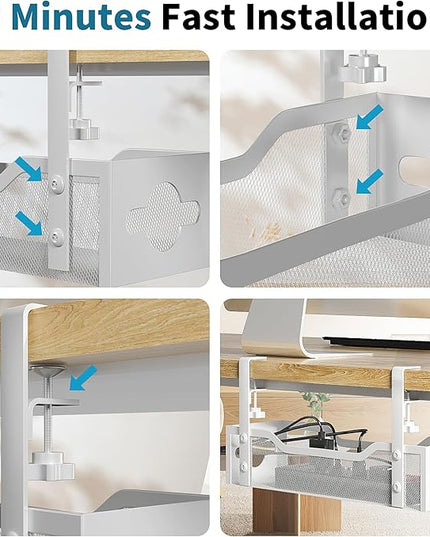 Under Desk Cable Management Tray No Drill, 13.38'' Metal Tray with Clamp for Wire Management, Litwaro Cord Organizer Home Office Damage to Standing Desk, White