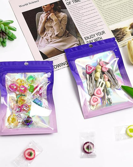 Funfery 300 Pack Smell Proof Resealable Bags for Food Storage,Holographic Bags 4x6 Purple Pink Mylar Clear Packaging Bag- Scent Proof for Cookies, Zip Foil Pouch for Small Business
