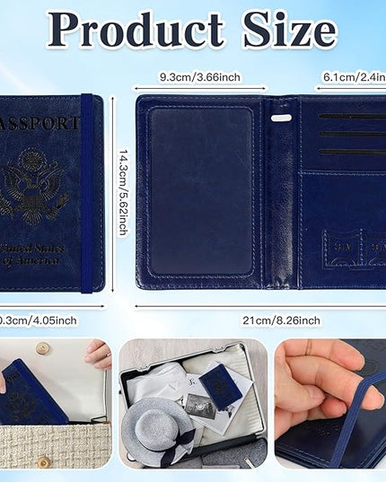 Passport Holder for Travel, RFID Blocking Passport Cover with Pen Holder Leather Passport Wallet Case Travel Must Haves Accessories Passport Book Card Holder for Family Travel Essentials, Dark Blue