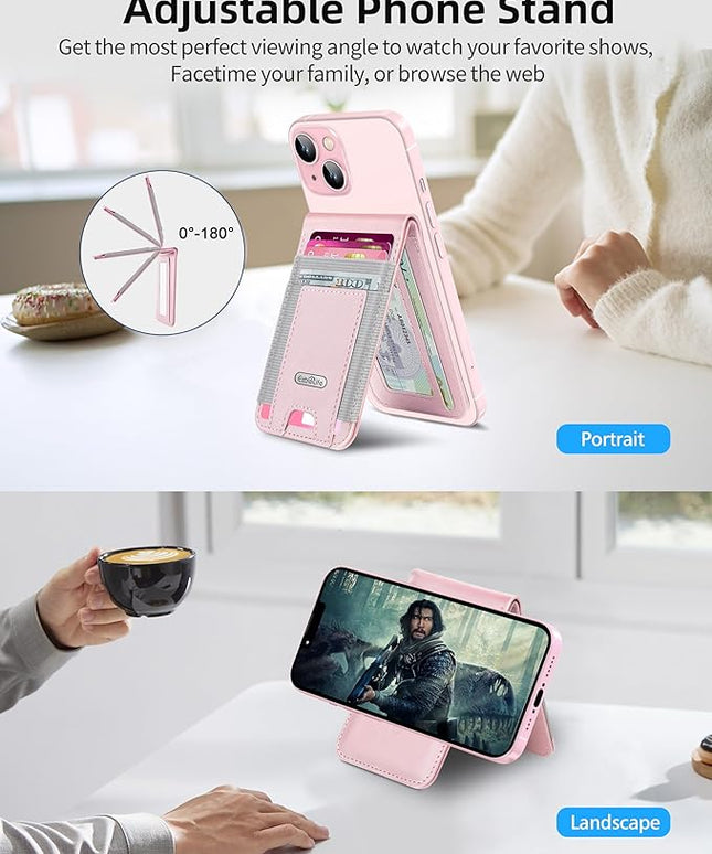 For Magsafe Wallet Stand, Strongest Magnetic Wallet for iPhone 17/16/15/14/13/12 Series, Adjustable Stand, ID Window, 4 Card Slots, 10 Cards Holder, Vegan Leather, RFID Blocking, Pink